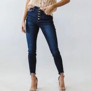 KanCan stretch high rise ankle jeans exposed button fly chew hem 15/31